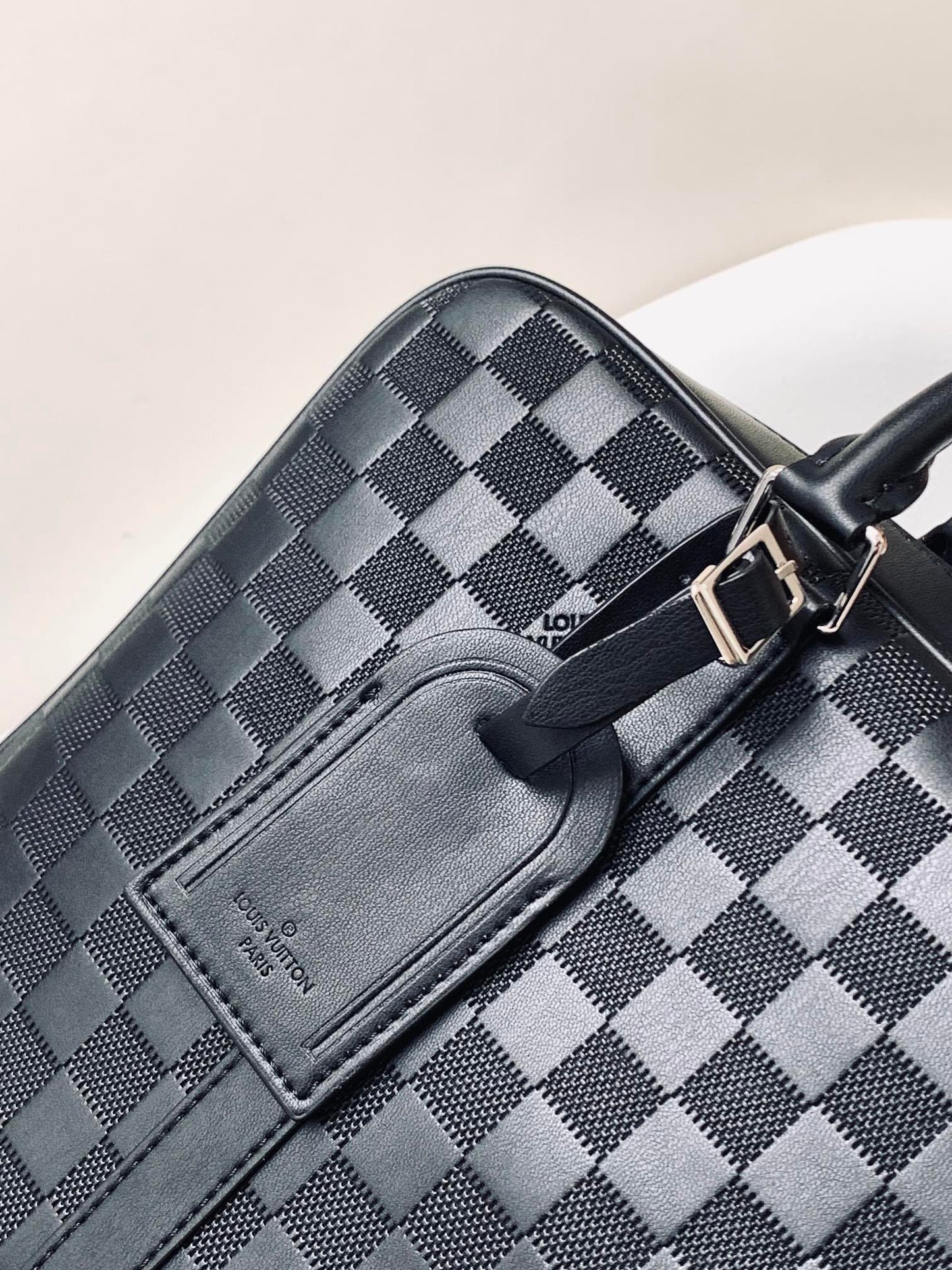 Men's Luxury Black Leather Briefcase - Professional Business Bag with Checkered Pattern