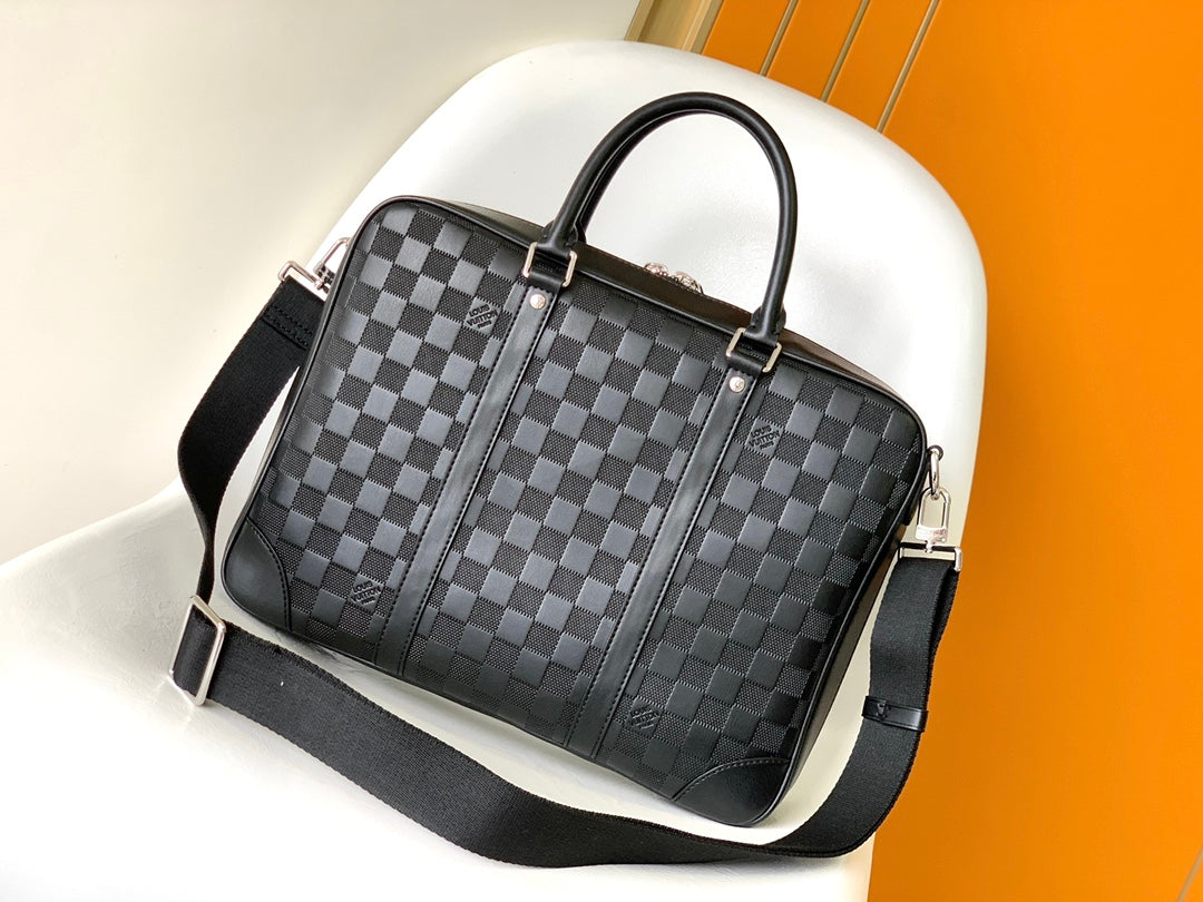 Men's Luxury Black Leather Briefcase - Professional Business Bag with Checkered Pattern