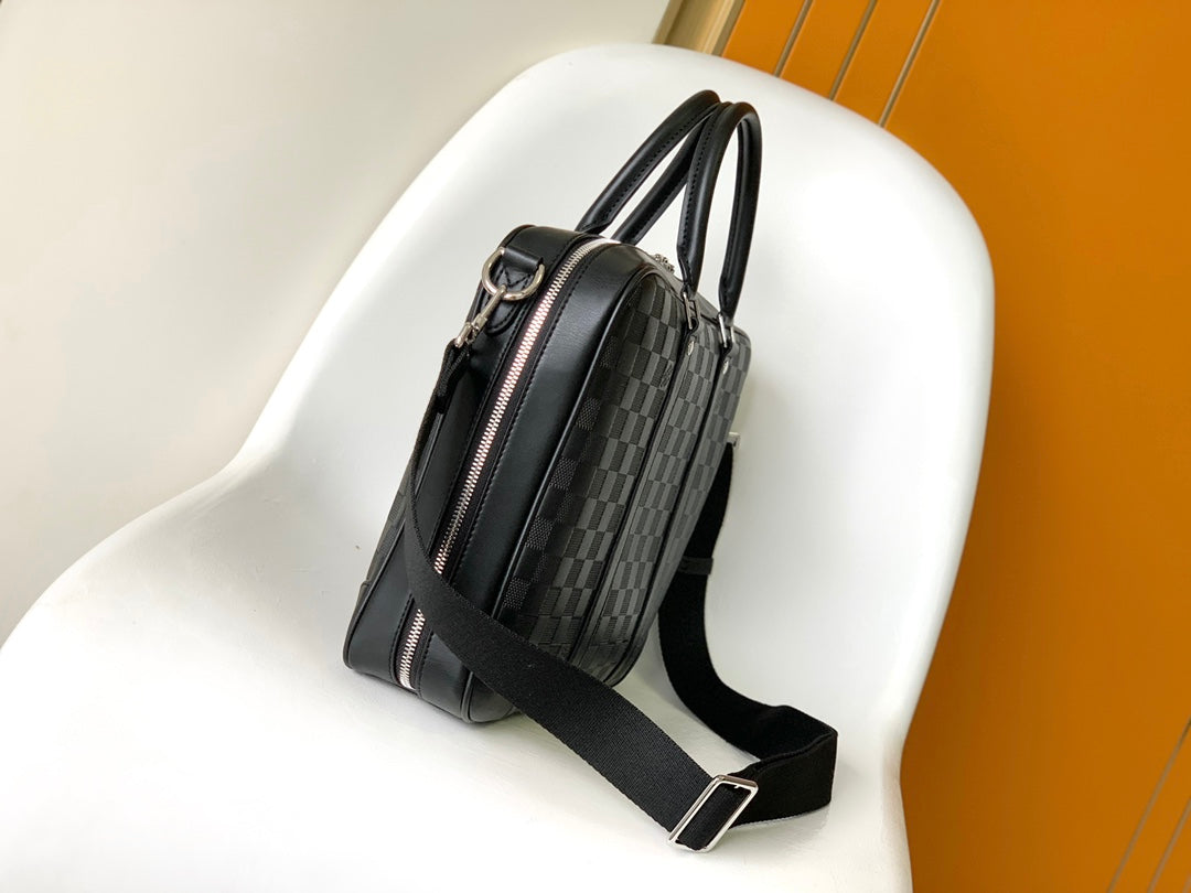 Men's Luxury Black Leather Briefcase - Professional Business Bag with Checkered Pattern