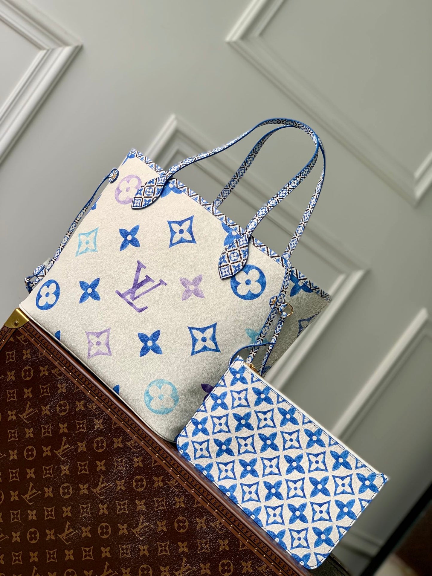 Louis Vuitton Neverfull MM By The Pool Monogram Tote Bag - White/Blue