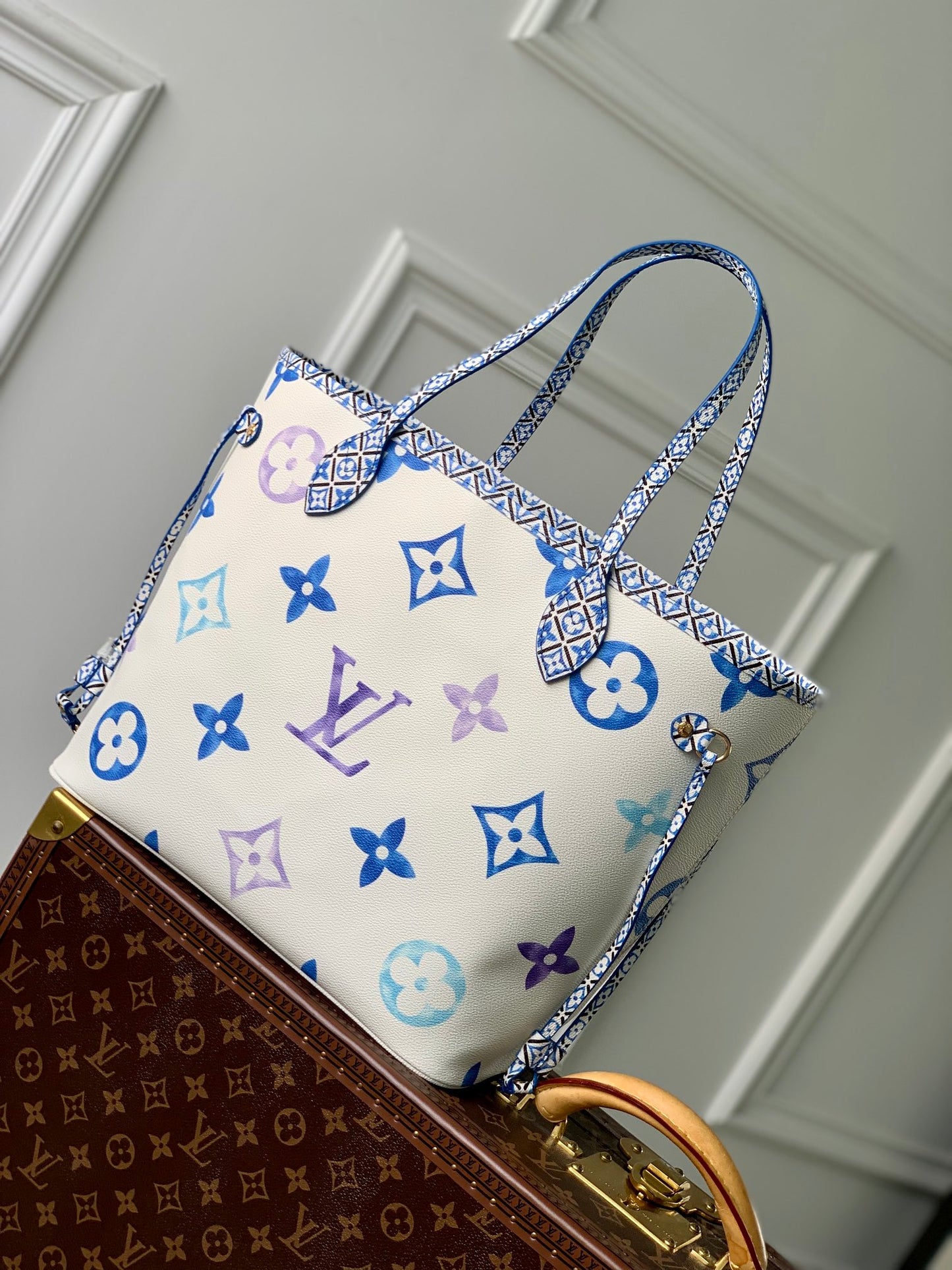 Louis Vuitton Neverfull MM By The Pool Monogram Tote Bag - White/Blue