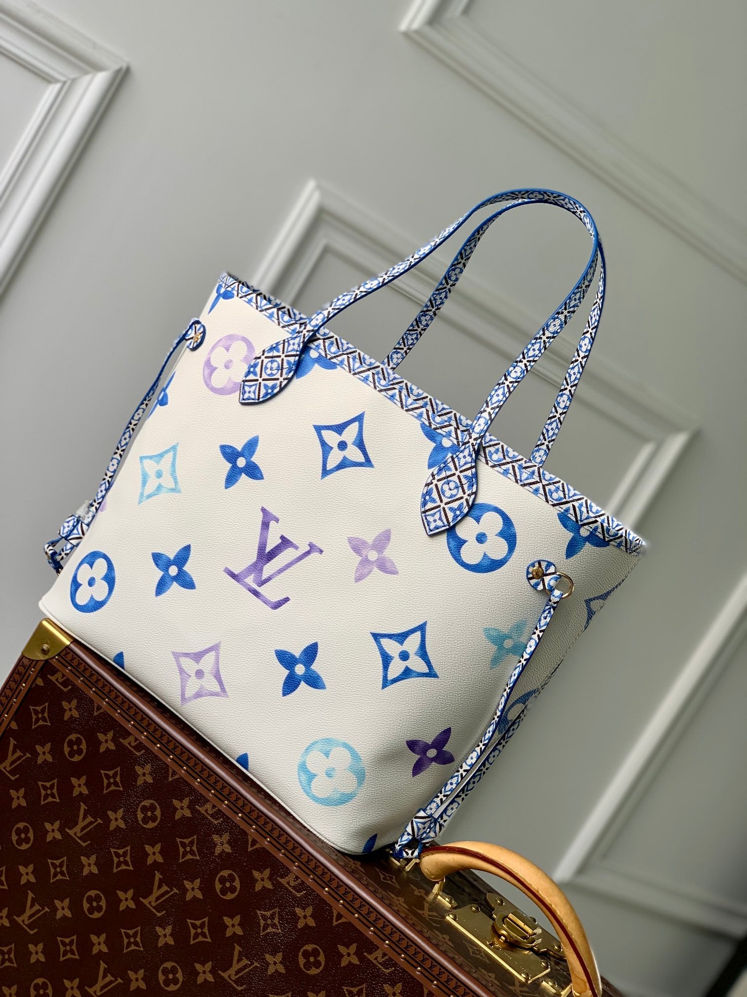 Louis Vuitton Neverfull MM By The Pool Monogram Tote Bag - White/Blue