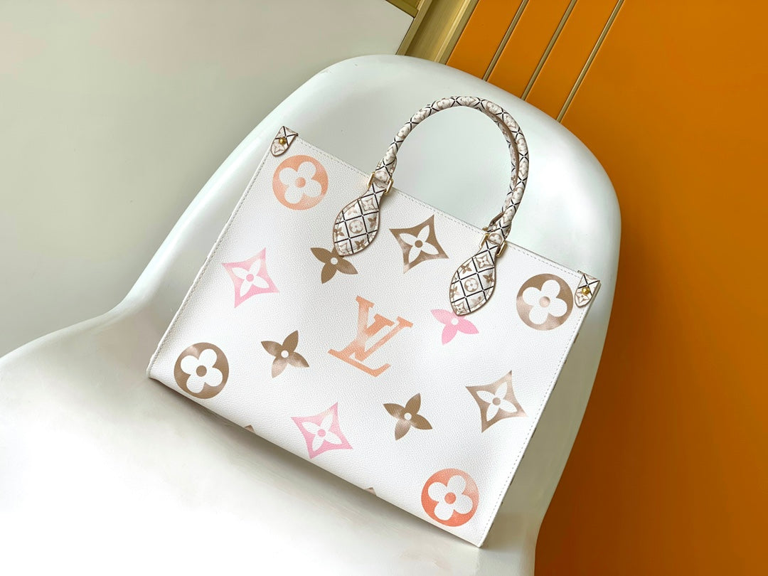 Louis Vuitton Onthego MM Monogram Empreinte Leather Tote Bag - Pastel White/Pink
