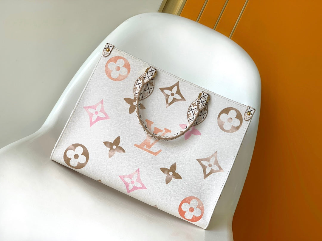 Louis Vuitton Luxury Cream Monogram Leather Tote Bag with Patterned Handles