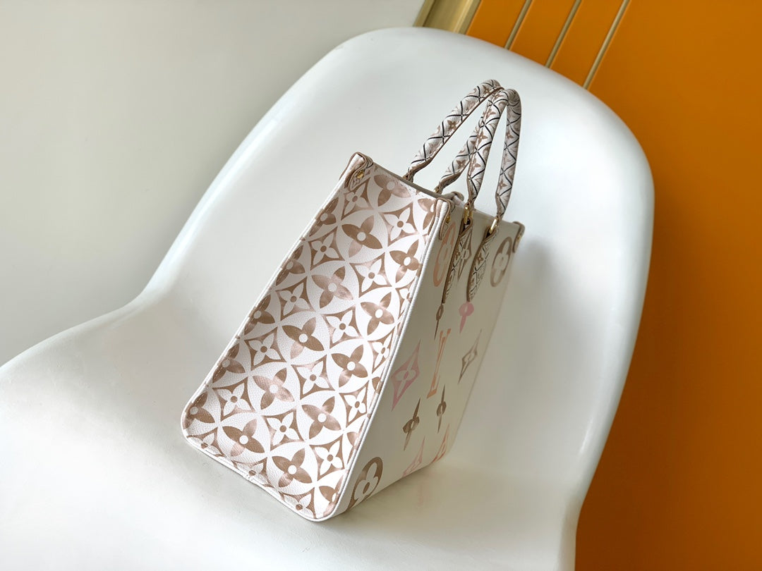 Louis Vuitton Onthego MM Monogram Empreinte Leather Tote Bag - Pastel White/Pink