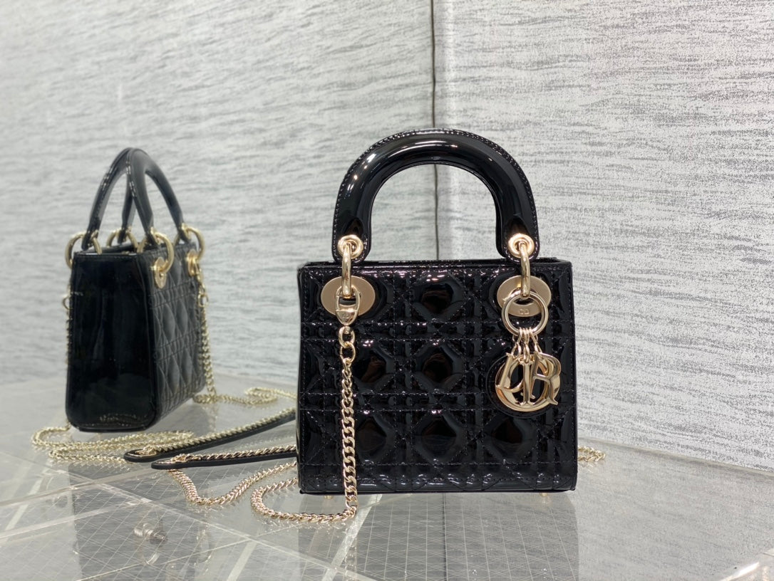 Mini Lady Dior Bag - Black Patent Cannage Calfskin with Gold-Finish Hardware