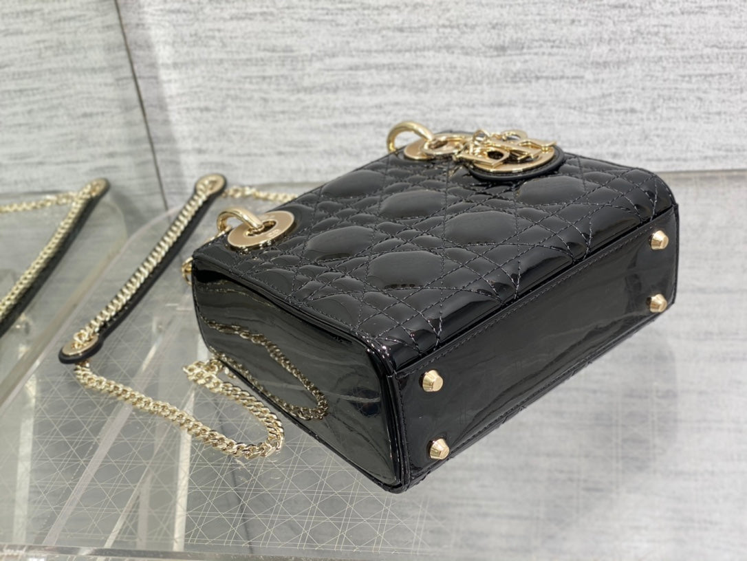 Christian Dior Mini Lady Dior Bag Black Patent Cannage Calfskin with Gold-tone Hardware