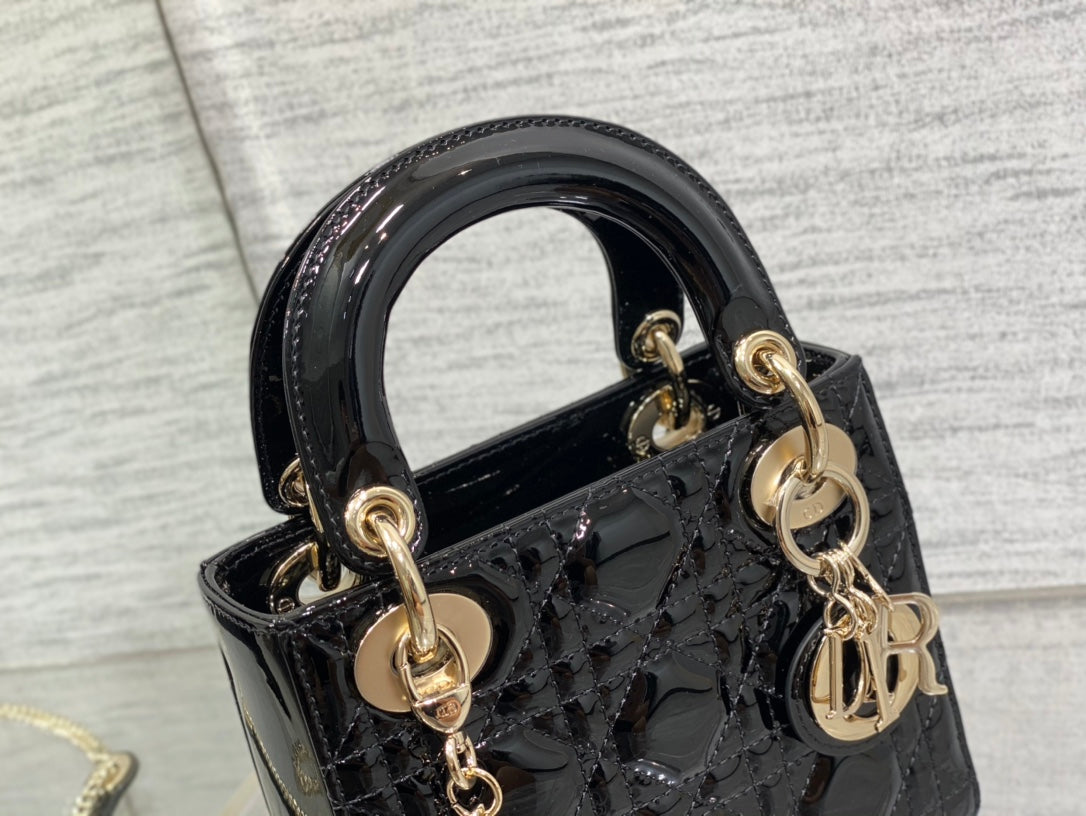 Christian Dior Mini Lady Dior Bag Black Patent Cannage Calfskin with Gold-tone Hardware