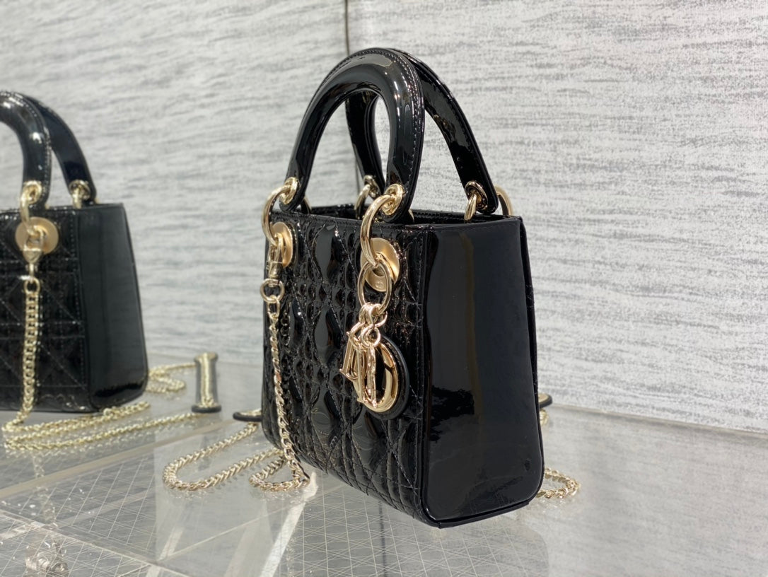 Dior Black Quilted Patent Leather Mini Top Handle Handbag with Gold Chain