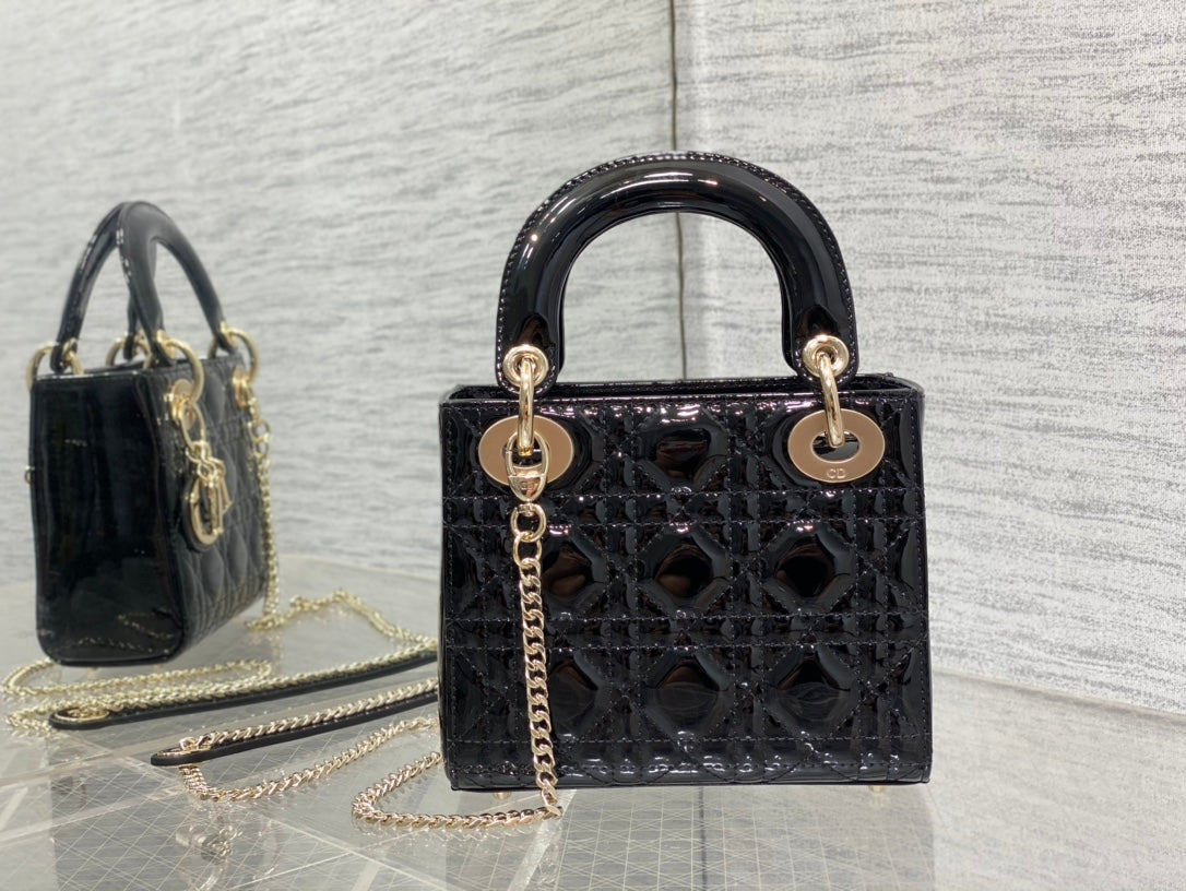 Mini Lady Dior Bag - Black Patent Cannage Calfskin with Gold-Finish Hardware