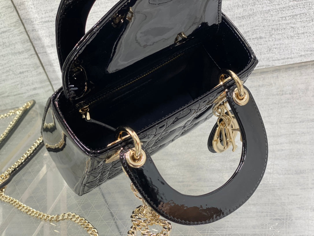 Christian Dior Mini Lady Dior Bag Black Patent Cannage Calfskin with Gold-tone Hardware