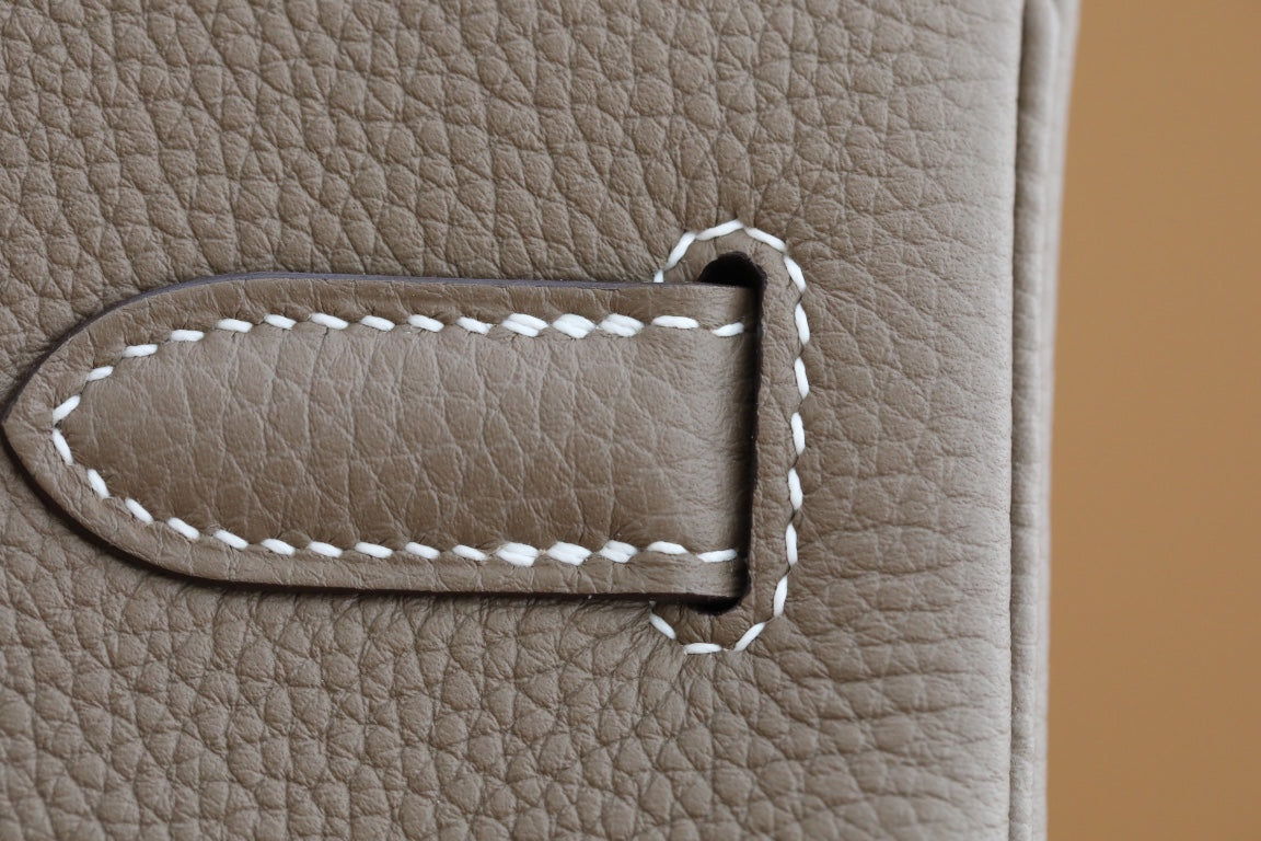 Elegant Taupe Leather Top-Handle Handbag with Gold-Tone Hardware