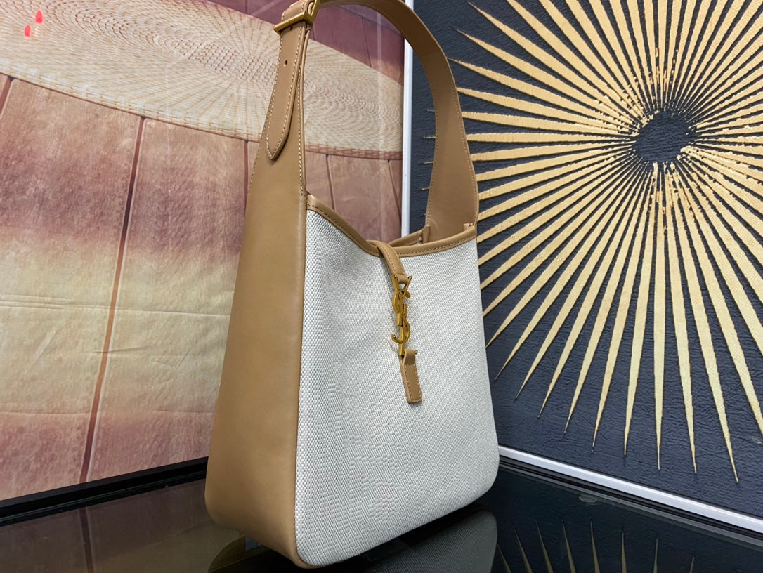 Saint Laurent YSL Canvas and Leather Hobo Bag - White and Tan
