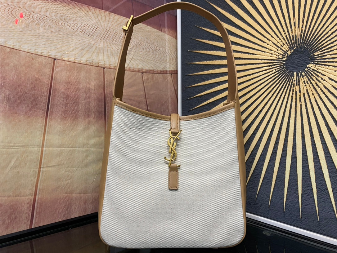 Saint Laurent YSL Canvas and Leather Hobo Bag - White and Tan
