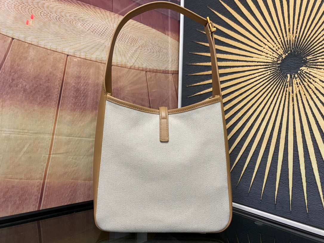 Saint Laurent YSL Canvas and Leather Hobo Bag - White and Tan