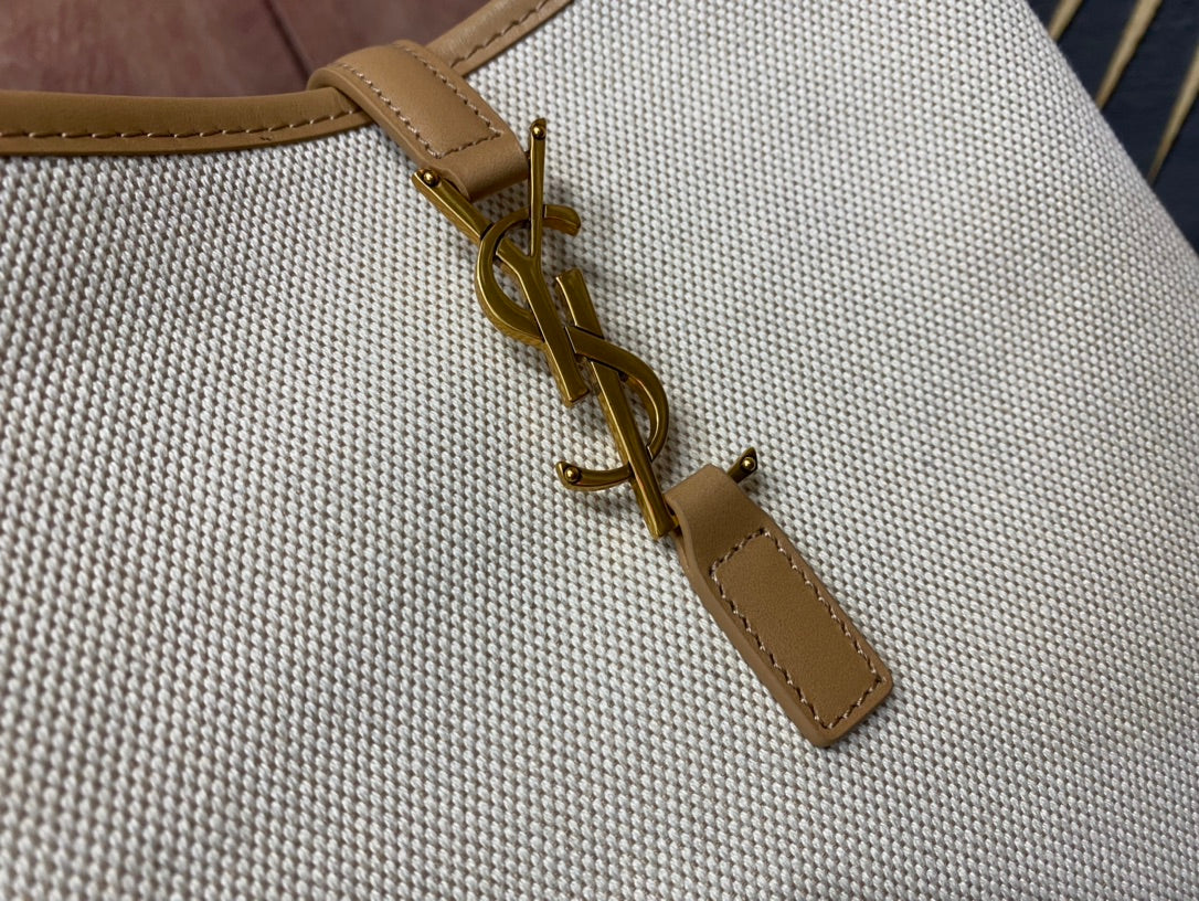 Saint Laurent YSL Canvas and Leather Hobo Bag - White and Tan