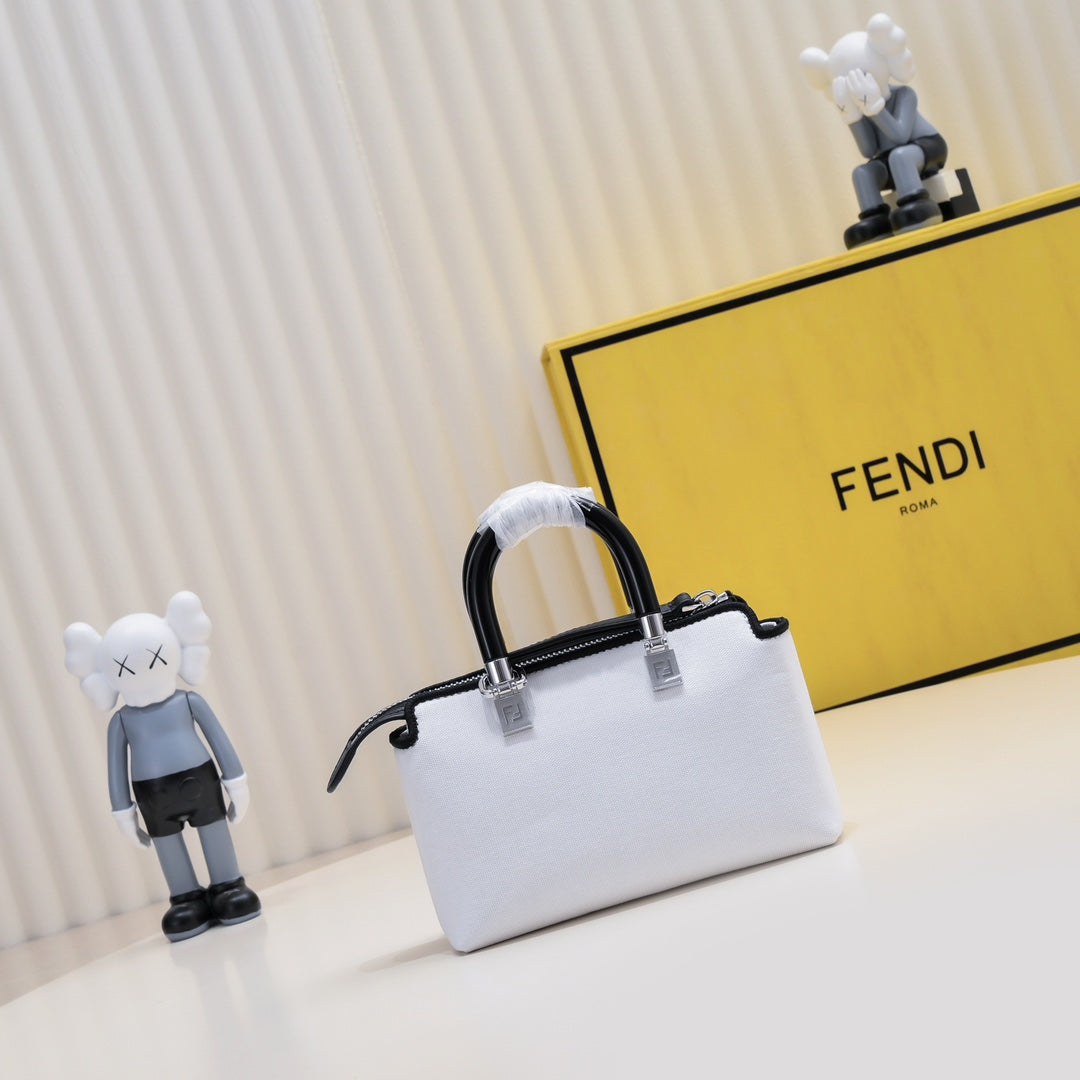 Fendi Roma Mini White Leather Boston Handbag with Black Logo