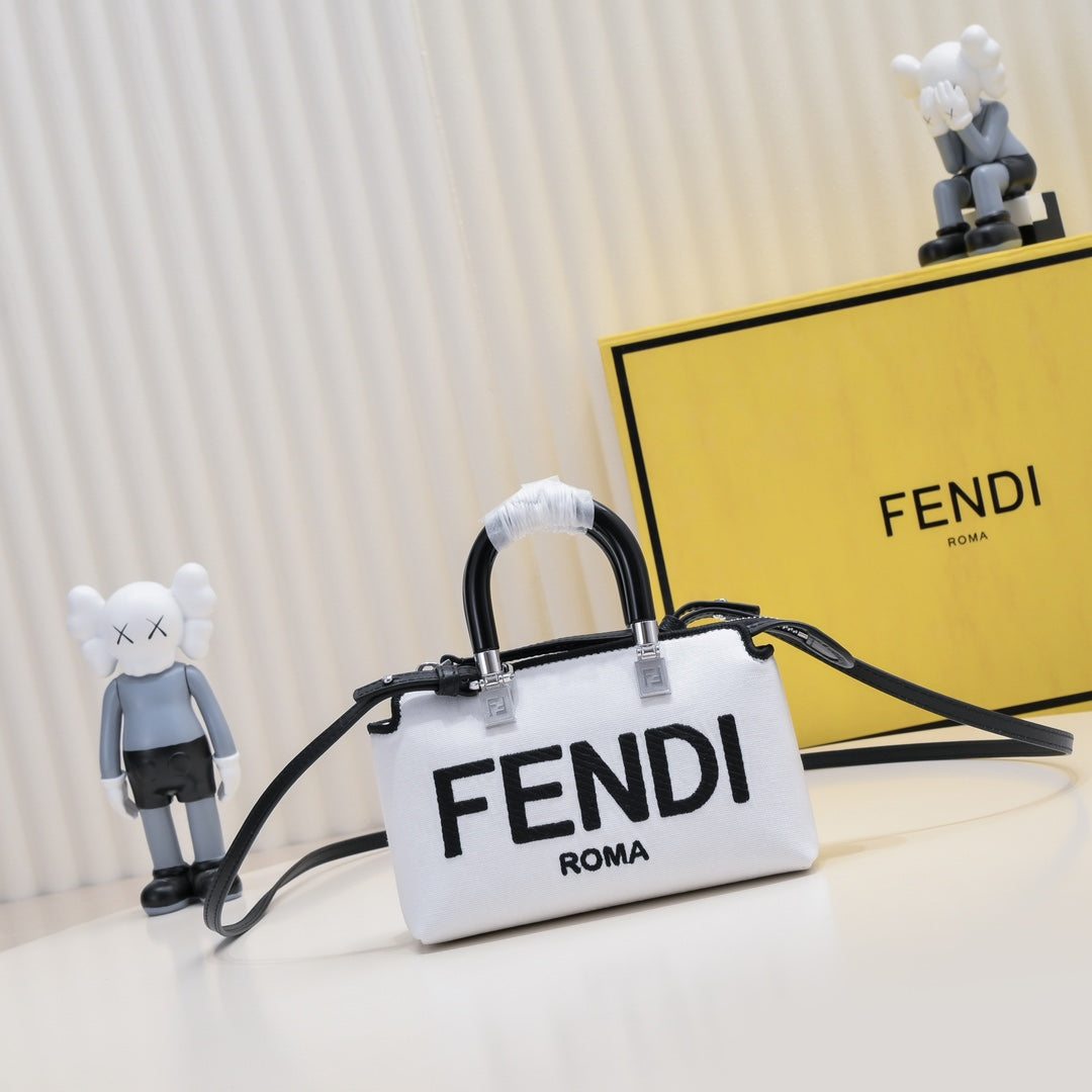 Fendi Roma Mini White Leather Boston Handbag with Black Logo