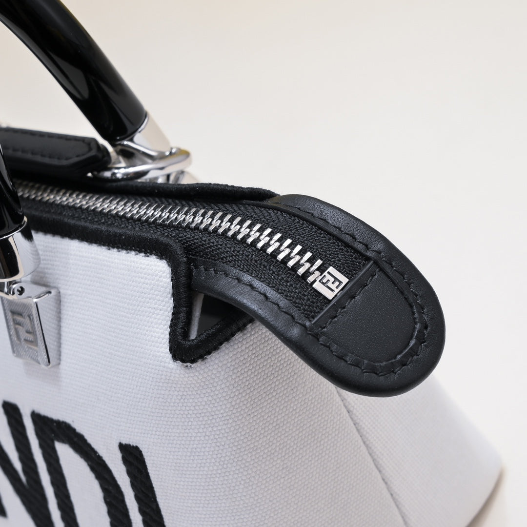 Fendi Roma Mini White Leather Boston Handbag with Black Logo