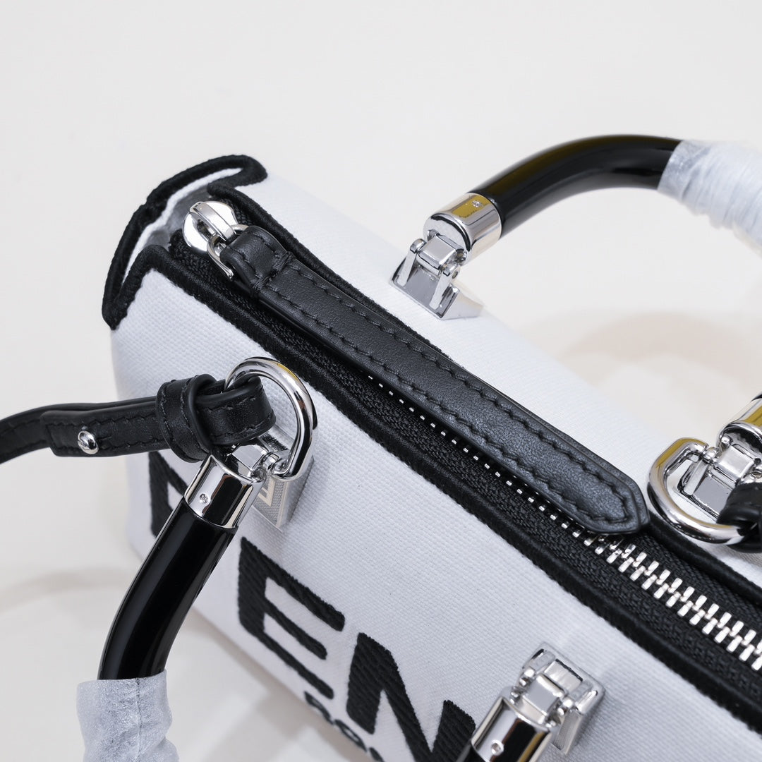 Fendi Roma Mini White Leather Boston Handbag with Black Logo
