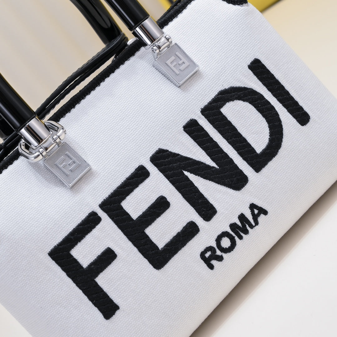 Fendi Roma Mini White Leather Boston Handbag with Black Logo