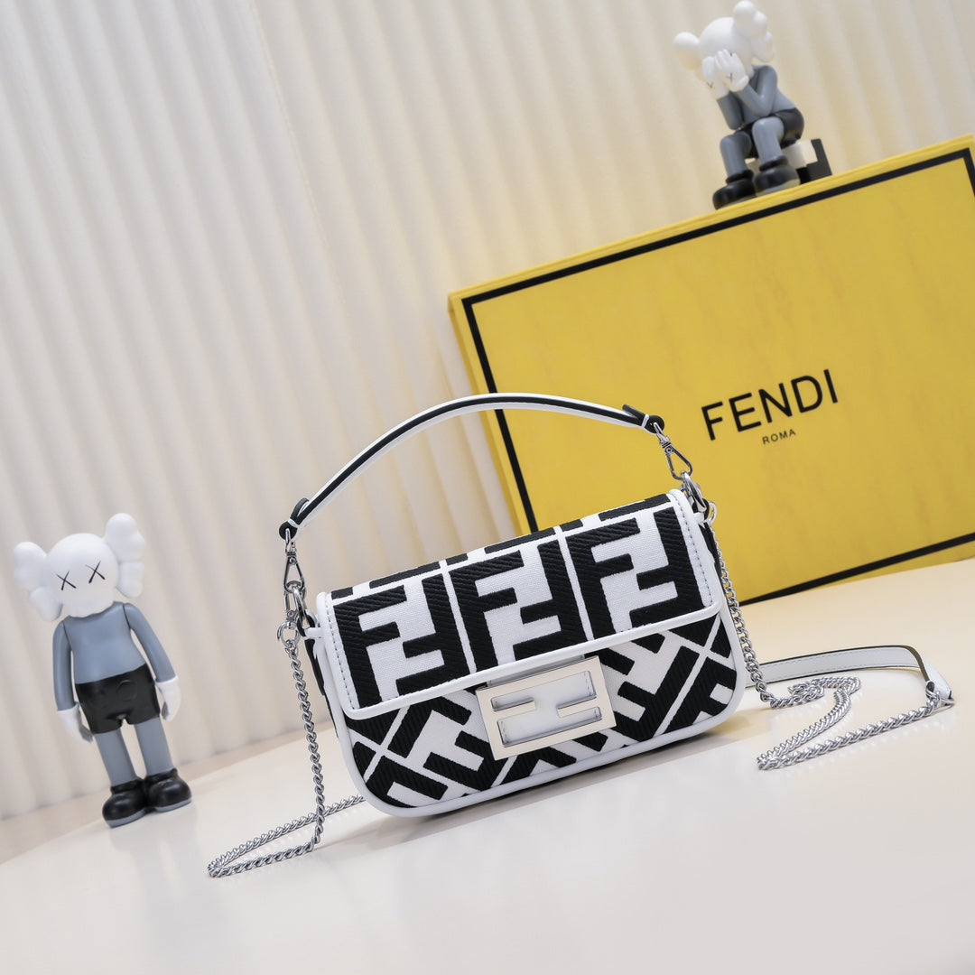 Fendi Baguette Bag Black and White FF Logo Print Leather Shoulder Bag
