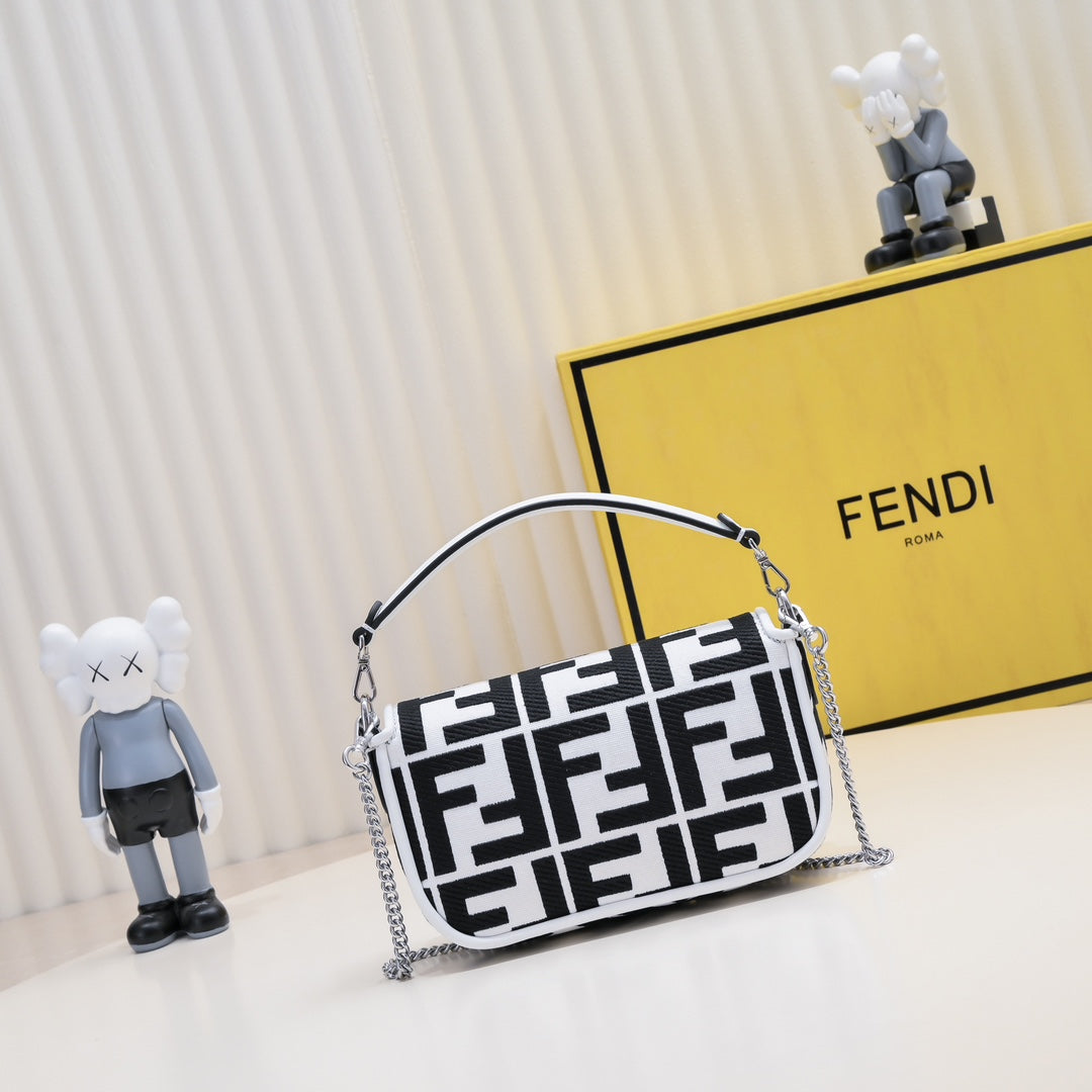 Fendi Baguette Bag Black and White FF Logo Print Leather Shoulder Bag