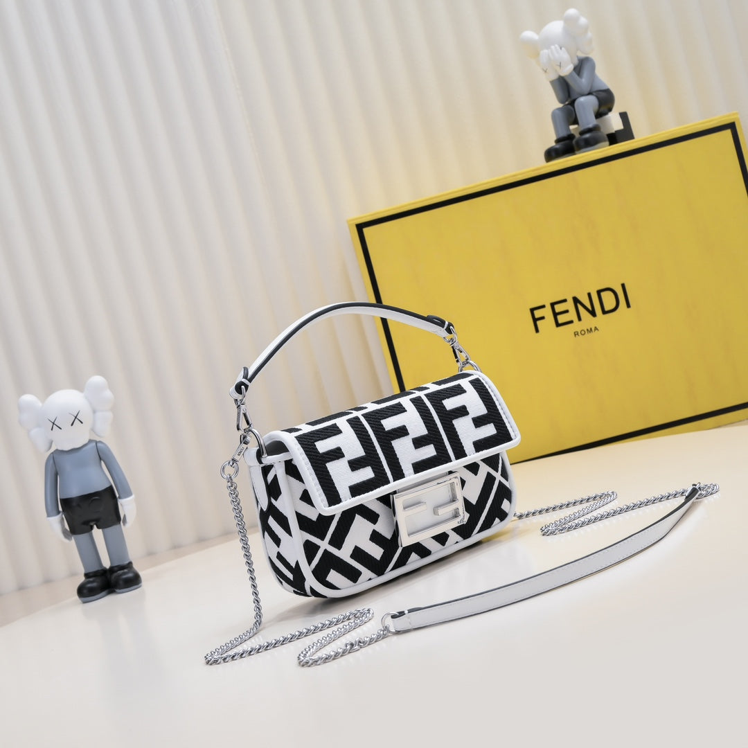 Fendi Baguette Bag Black and White FF Logo Print Leather Shoulder Bag