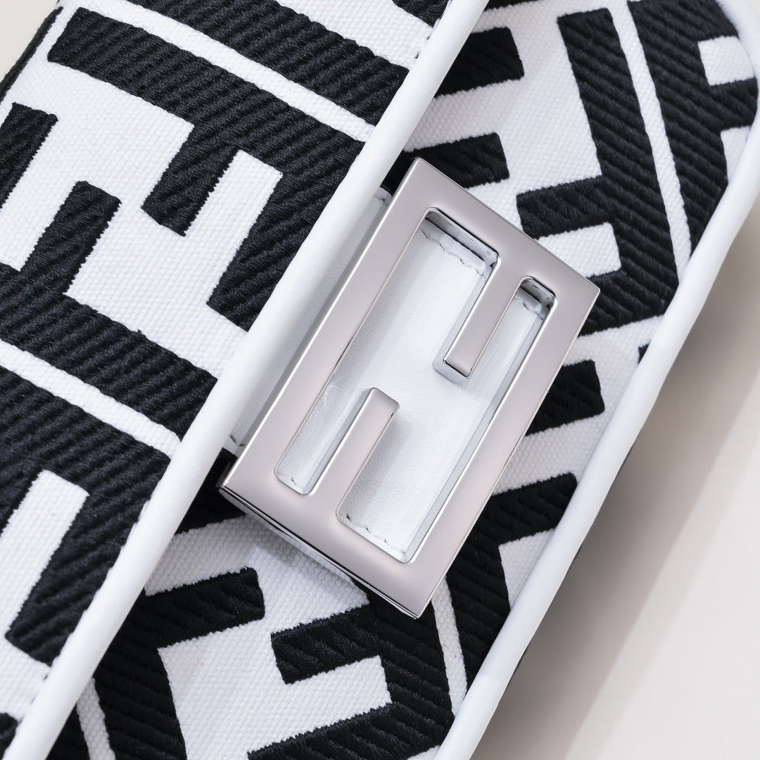 Fendi Baguette Bag Black and White FF Logo Print Leather Shoulder Bag