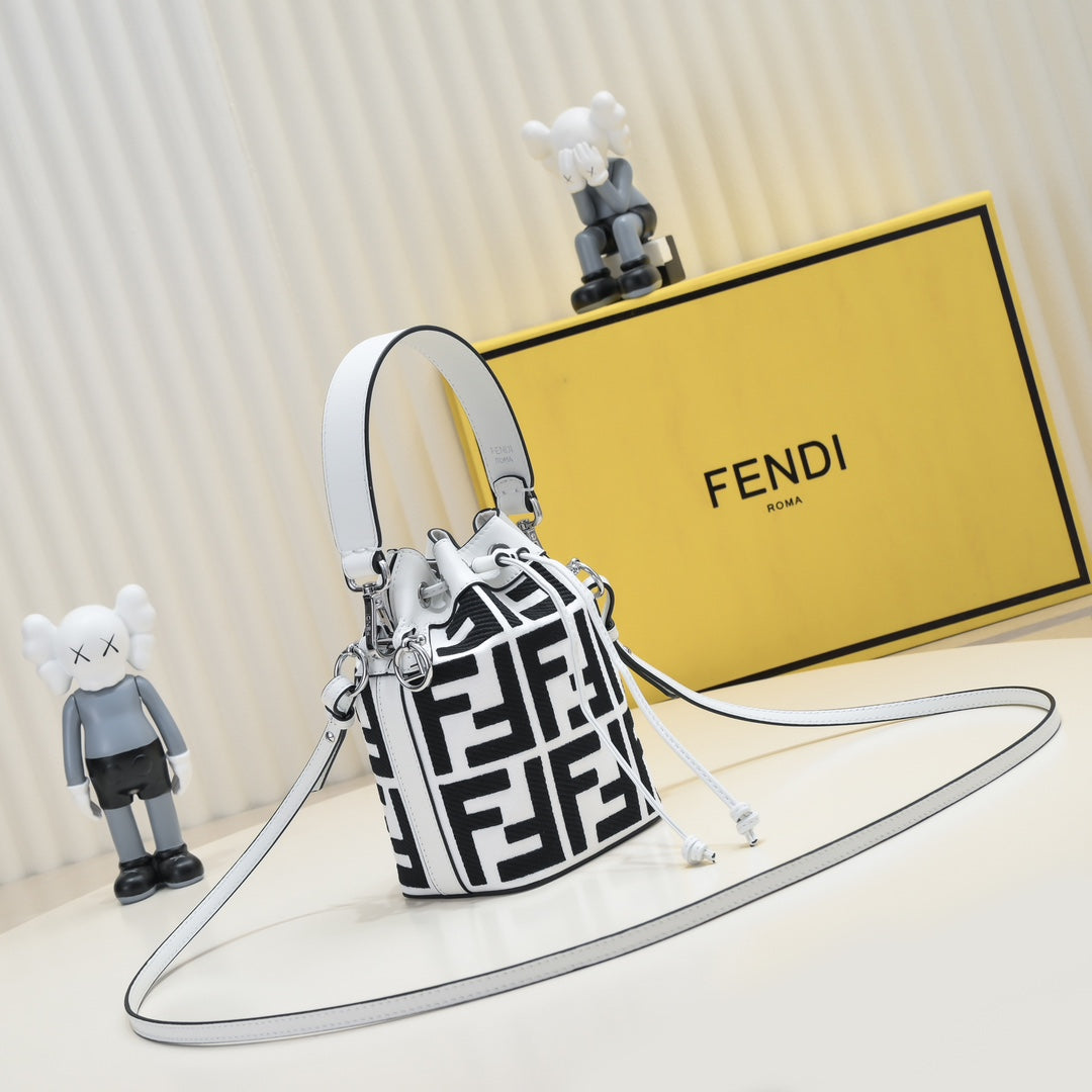 Fendi Mon Trésor FF Logo Bucket Bag - White and Black Canvas