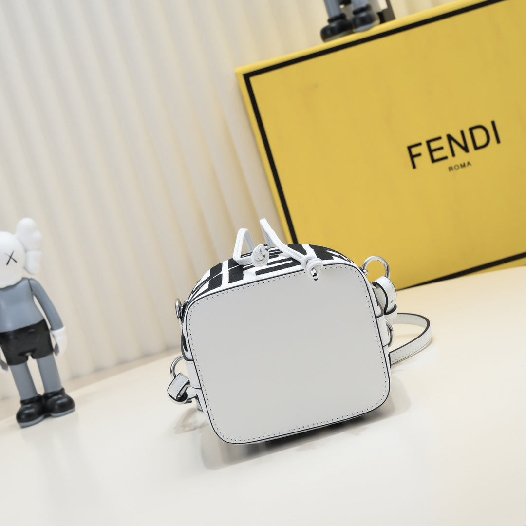 Fendi Mon Trésor FF Logo Bucket Bag - White and Black Canvas