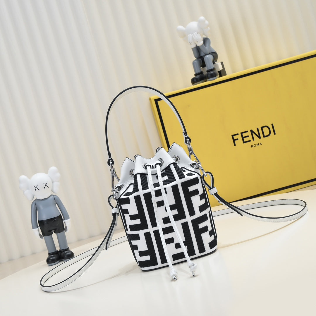 Fendi Mon Trésor FF Logo Bucket Bag - White and Black Canvas