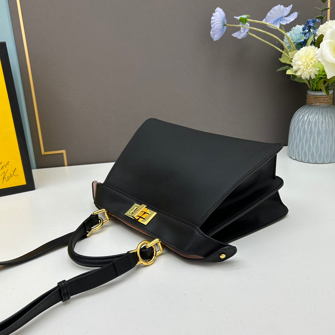 Elegant Black Structured Handbag with Gold Hardware and Shoulder Strap - 27cm x 21cm x 9cm