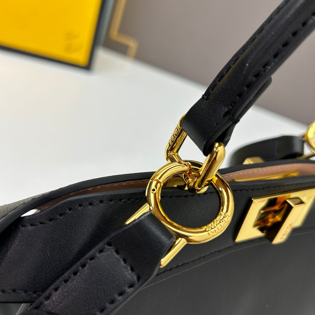 Elegant Black Structured Handbag with Gold Hardware and Shoulder Strap - 27cm x 21cm x 9cm