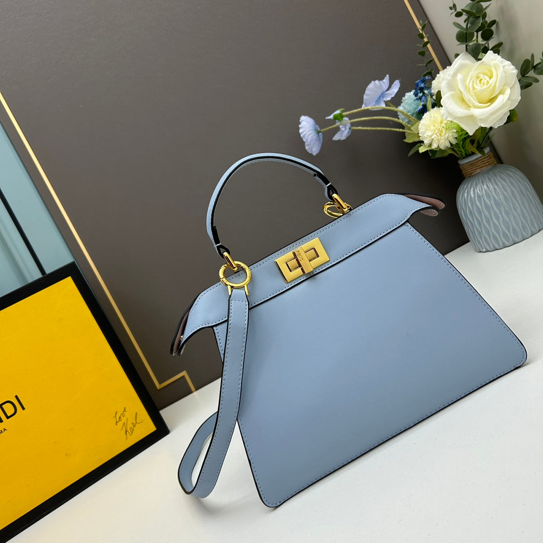 Elegant Light Blue Leather Top-Handle Bag - Medium 27cm