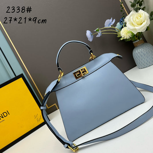 Elegant Light Blue Leather Top-Handle Bag - Medium 27cm