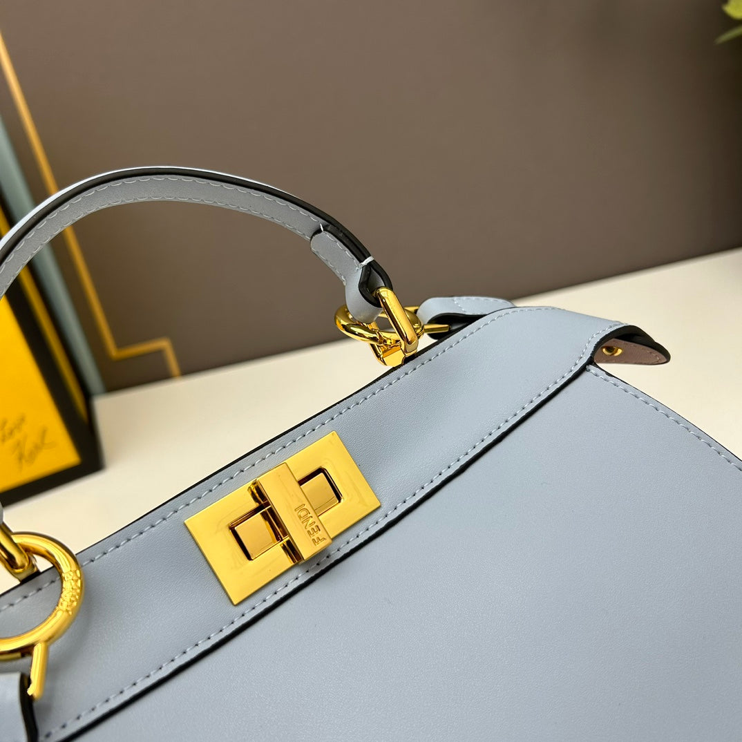Elegant Light Blue Leather Top-Handle Bag - Medium 27cm