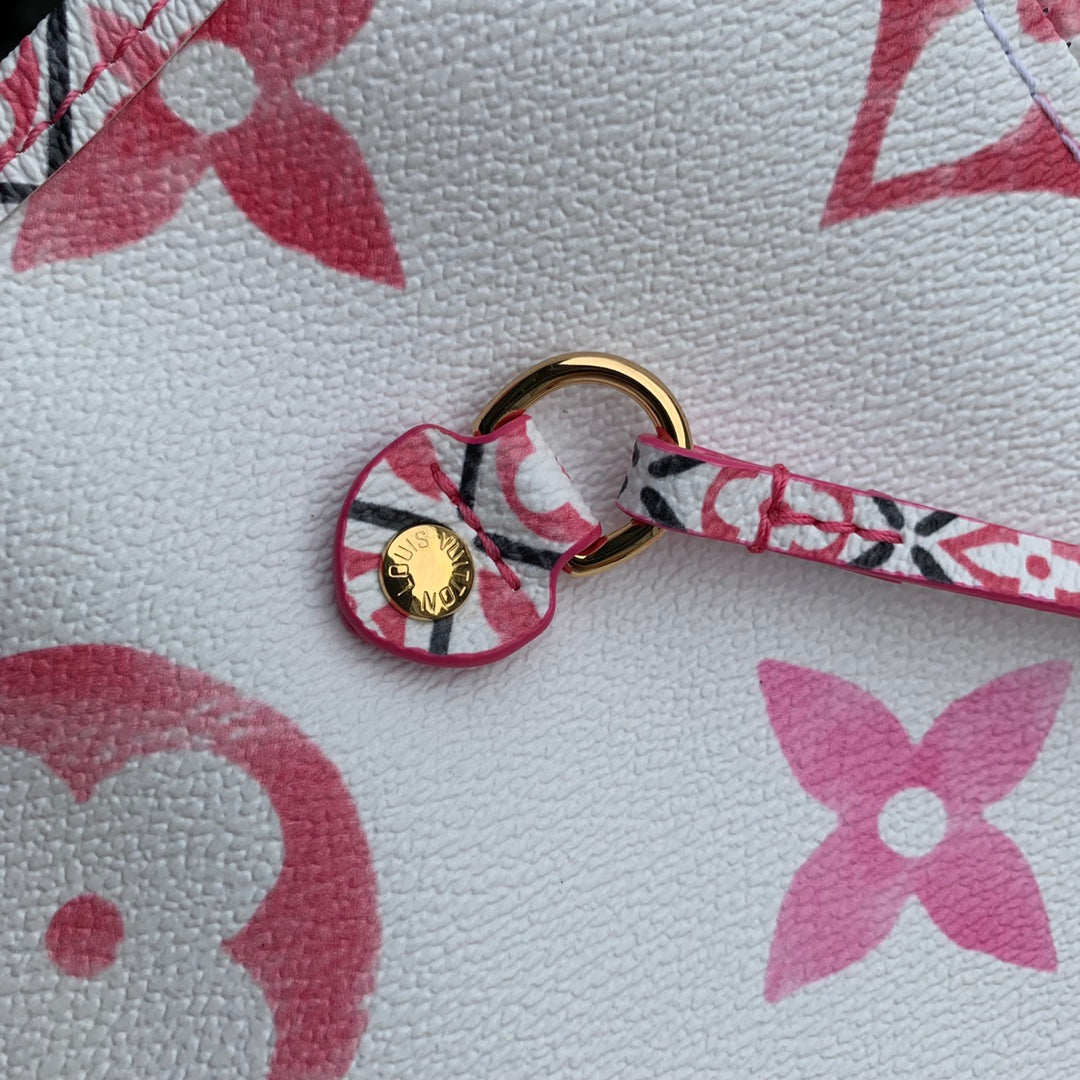 Louis Vuitton Luxury Pink Floral Monogram White Tote Bag with Drawstring Sides