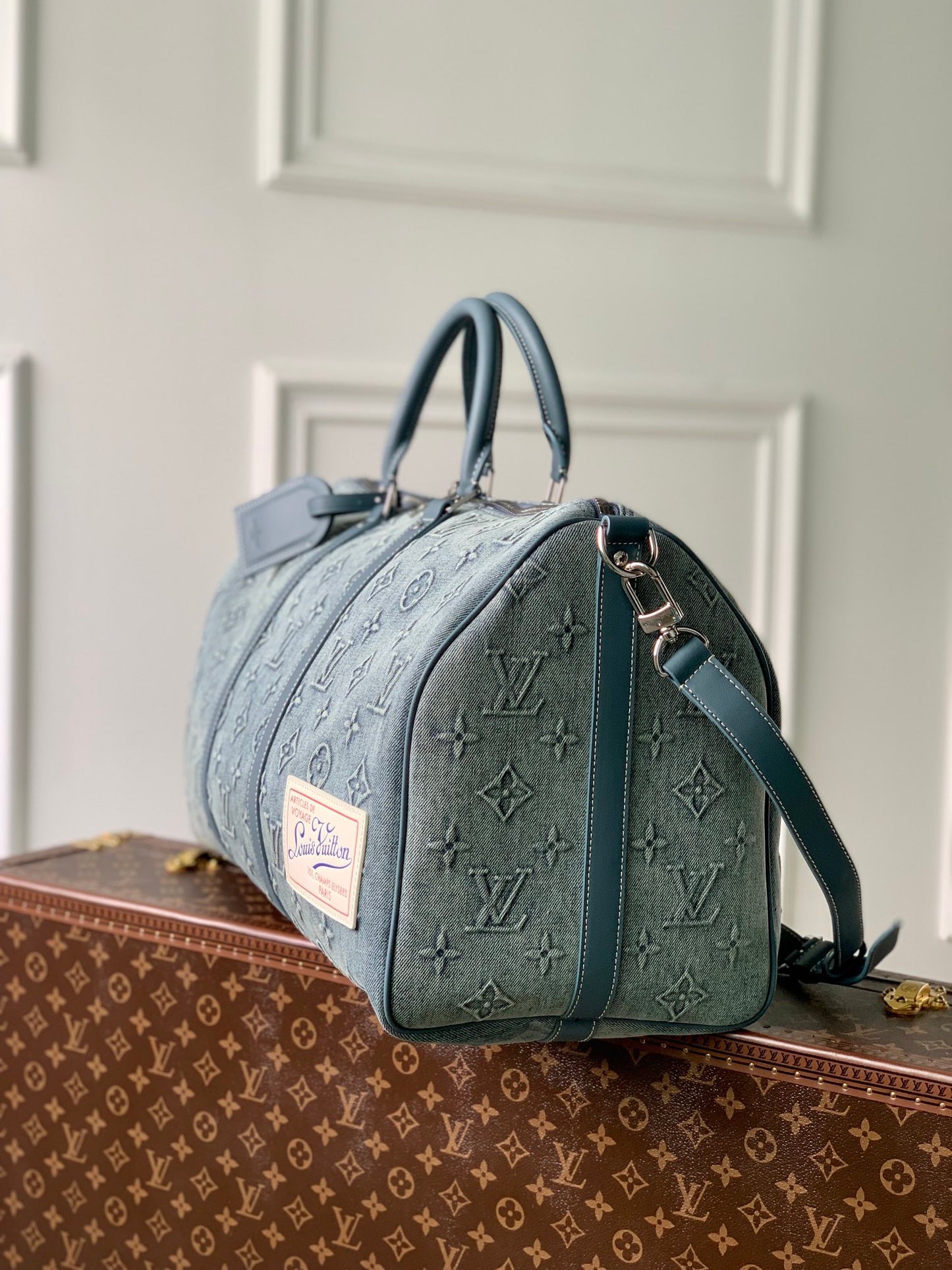 Louis Vuitton Teal Embossed Monogram Travel Duffle Bag with Shoulder Strap