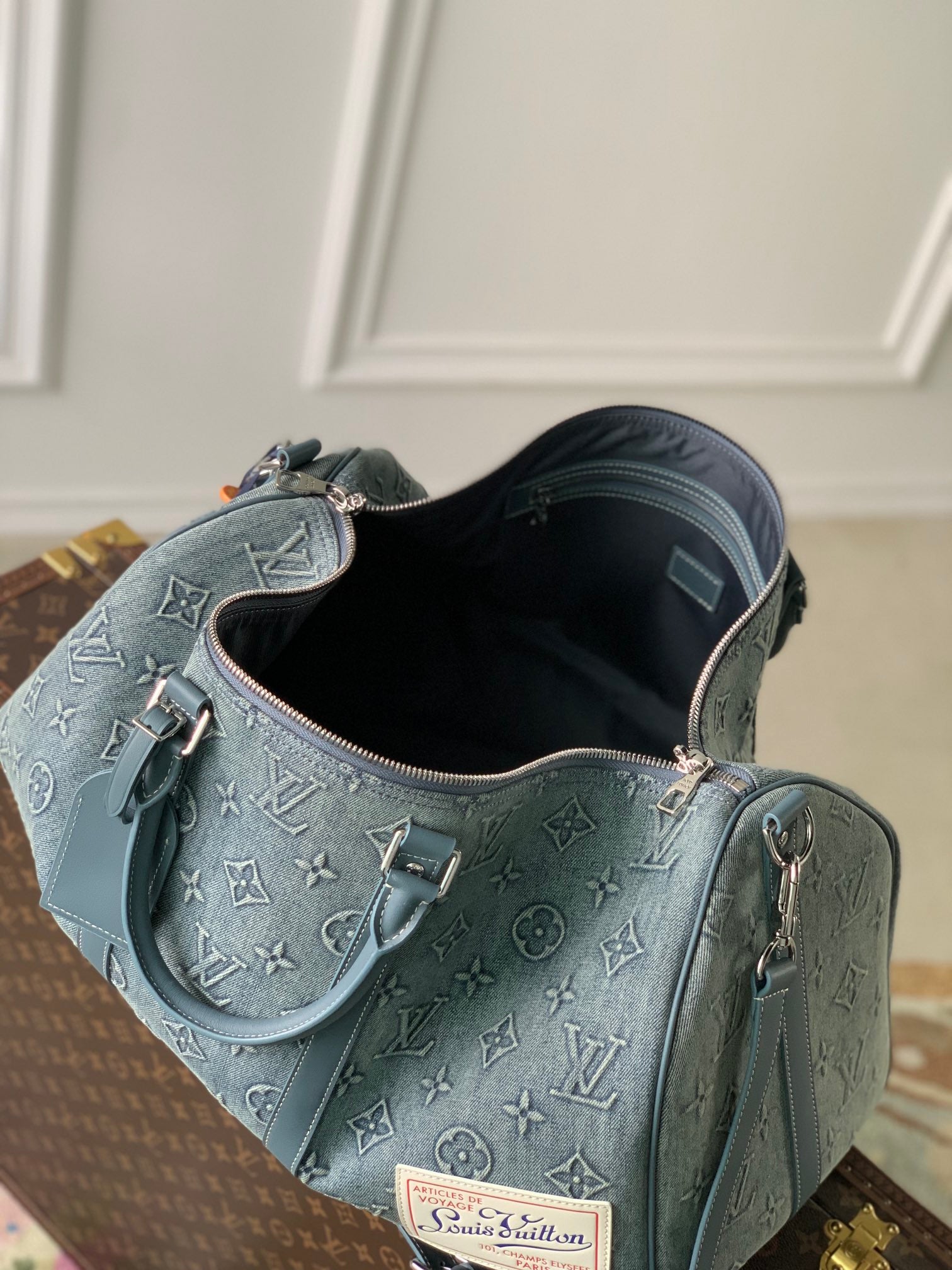 Louis Vuitton Keepall Bandoulière 50 Monogram Washed Denim Blue Travel Bag