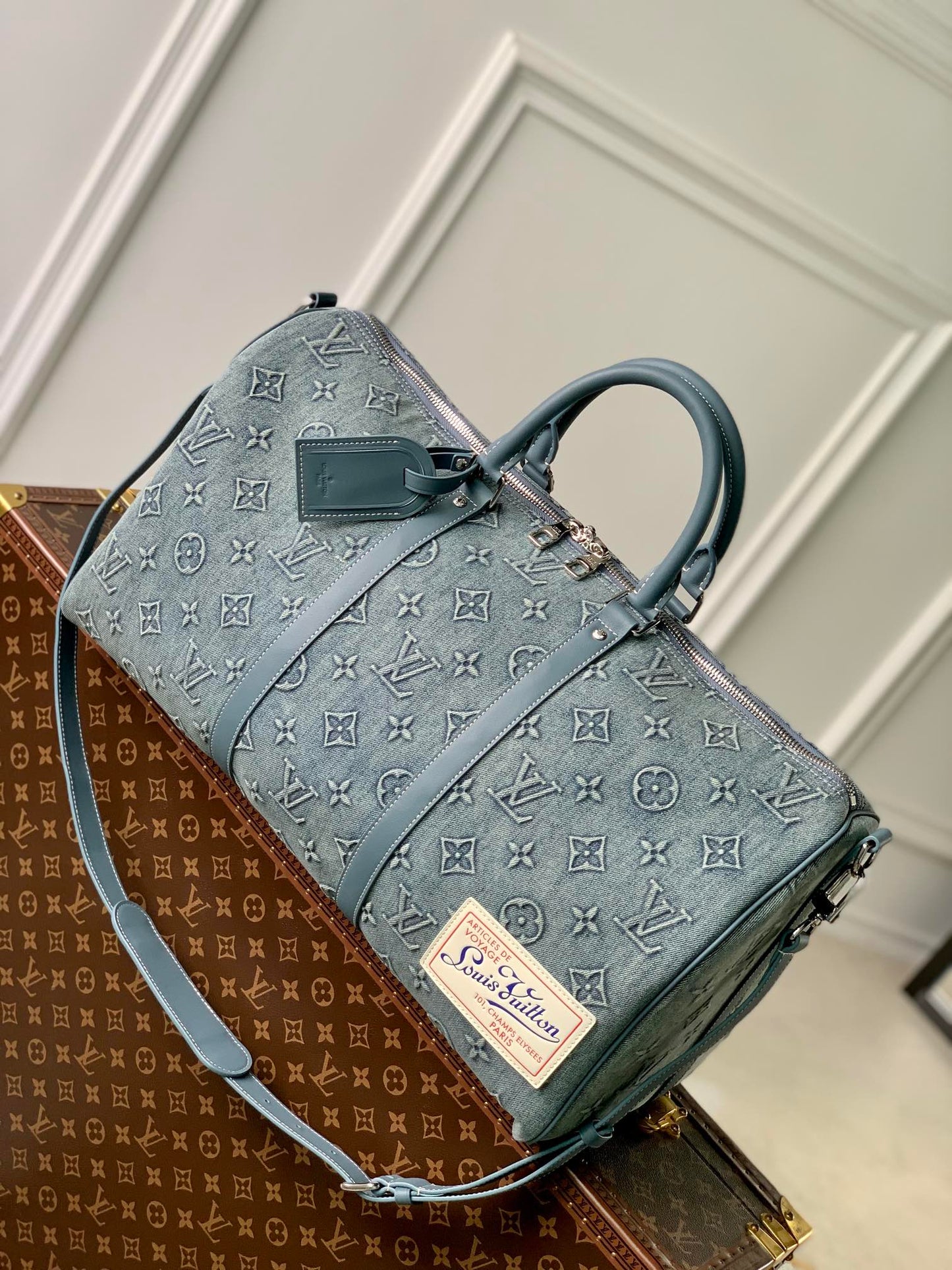 Louis Vuitton Keepall Bandoulière 50 Monogram Washed Denim Blue Travel Bag