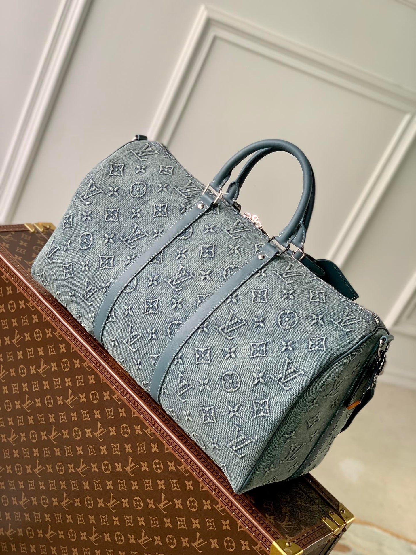 Louis Vuitton Keepall Bandoulière 50 Monogram Washed Denim Blue Travel Bag