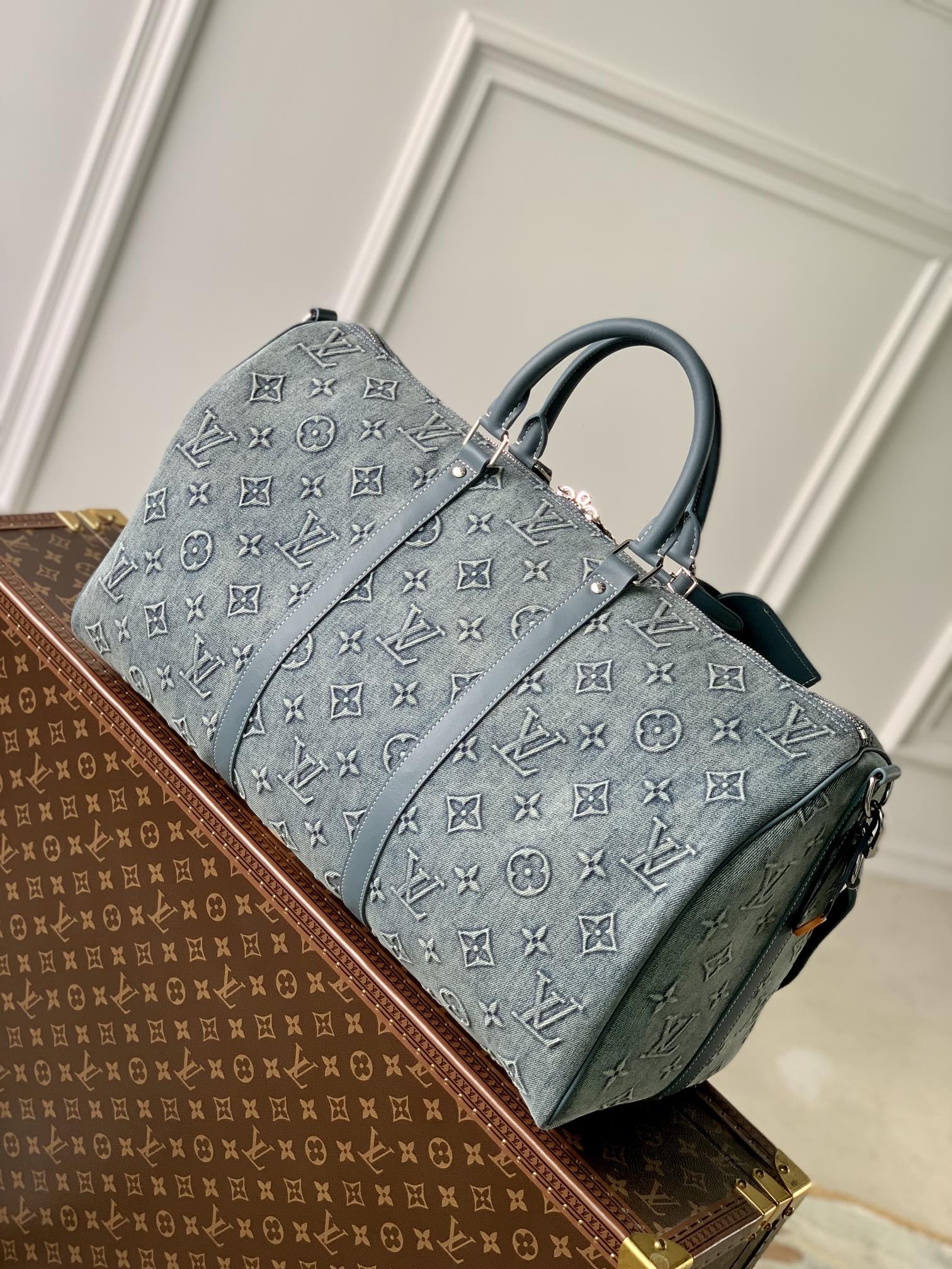 Louis Vuitton Keepall Bandoulière 50 Monogram Washed Denim Blue Travel Bag