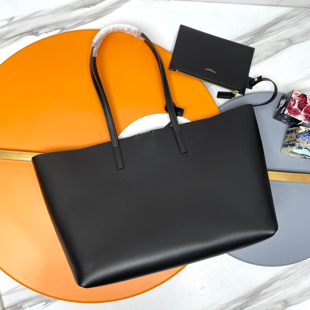 Saint Laurent Shopping E/W Leather Tote Bag with Pouch - Black