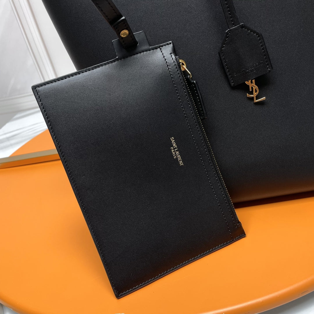 Saint Laurent Shopping E/W Leather Tote Bag with Pouch - Black
