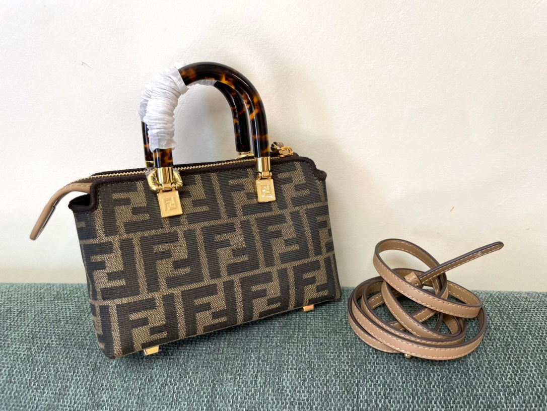 Fendi By The Way Mini Boston Bag with Bamboo Handles - FF Monogram Canvas