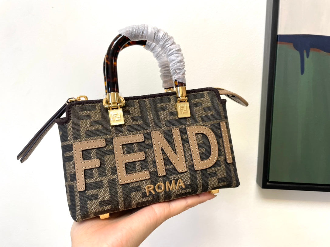 Fendi By The Way Mini Boston Bag with Bamboo Handles - FF Monogram Canvas