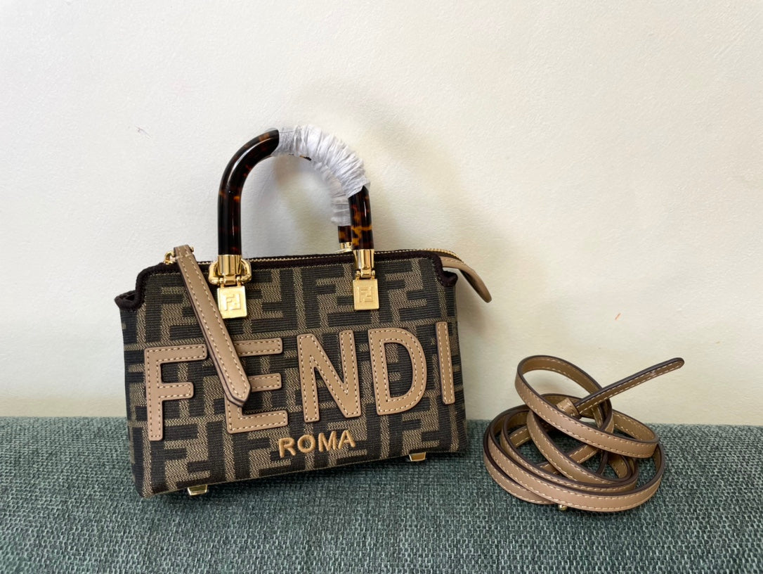 Fendi By The Way Mini Boston Bag with Bamboo Handles - FF Monogram Canvas