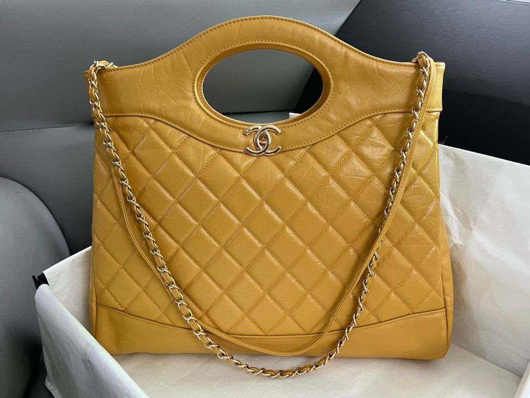 Chanel 31 Large Shopping Bag Yellow Quilted Lambskin Leather Gold-Tone Hardware