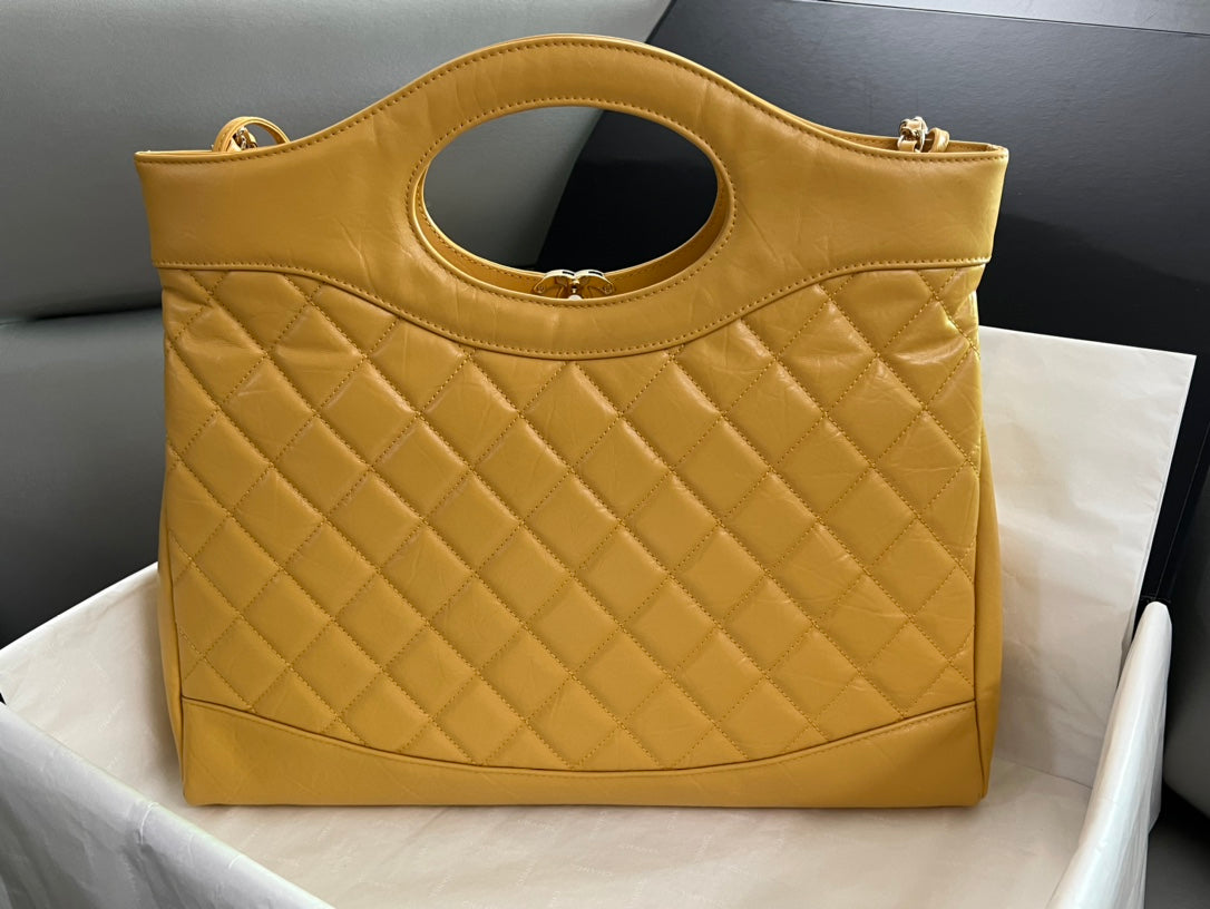 Chanel 31 Large Shopping Bag Yellow Quilted Lambskin Leather Gold-Tone Hardware